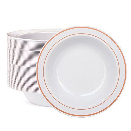 WDF 60pcs Disposable Plastic Bowls-12 oz Soup Bowls - Rose Gold Trim Real China Design - Premium Heavy Duty Plastic Plates for Wedding& Parties, Mother's Day