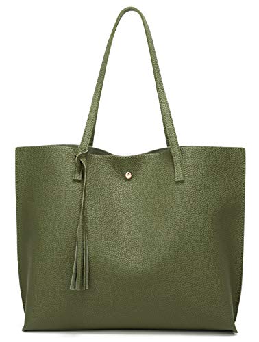 Dreubea Women's Soft Faux Leather Tote Shoulder Bag from, Big Capacity Tassel Handbag Army Green