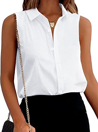 Zeagoo Women's Sleeveless Button Down Shirt Tops Solid Casual Loose Blouse - White White Large