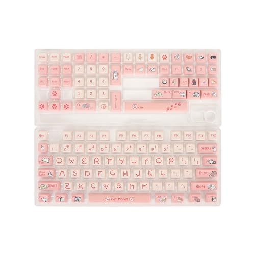 131 Full Keys Dye Sublimation PBT Custom Keycaps, PBT Keyboard Keycaps, Pink Meow Meow Cartoon Cats keycaps Set, for PC Gaming DIY