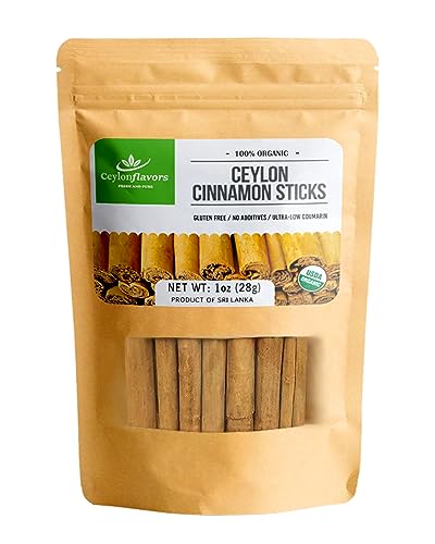 Organic Ceylon cinnamon sticks, True or Real Cinnamon, Premium Grade, Harvested from a USDA Certified Organic Farm in Sri Lanka 1 oz / 28 g (3' cut 6 to 7 sticks) | This is not cassia and ceylon cinnamon is not stronger in flavor like cassia