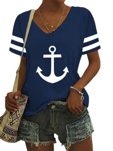 Boat Anchor Print Women's V-Neck T-Shirt Casual Sea Sailor Short Sleeve Top Blouse Beach Vacation T Shirt Blue