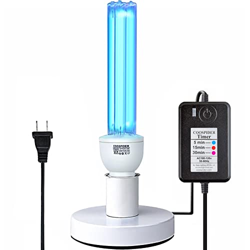 COOSPIDER UV Germicidal Lamp with Ozone 25W UVC Light Bulb with Base and 3-Gear Timer 185nm Wavelength UV Light Sanitizer for Bedroom/Closet/Kitchen/Bathroom E26 110V CTUV-25 (with Ozone)