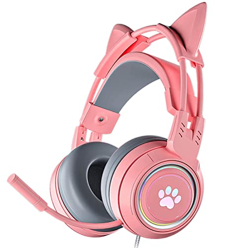 Atrasee Pink Cat Ear Stereo Gaming Headset for PS4 PC PS5 Xbox One, Noise Cancelling Headphones with Mic, Surround Bass, RGB Lights, Soft Earmuffs, 3.5mm Aux Wired Headset for Mac Laptop Girls Kids