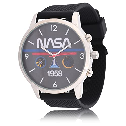 Accutime NASA Adult Men's Analog Watch - Silicone Strap, Glass Dial Face, Mattle Case, Male, Analog Wrist Watch in Black (Model: NAS5003AZ)
