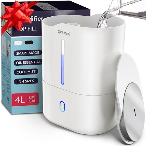 GENIANI Smart Humidifier for Bedroom Large Room, Top Fill Cool Mist Humidifiers 4L with Essential Oil Tray for Home, Baby, Plants, Quiet Air Humidifier Ultrasonic, Easy to Clean, Night Light (White)