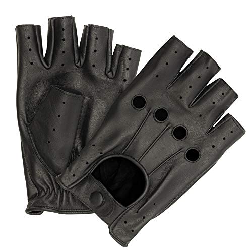 Hombury Leather Driving Gloves Men and Women Half Finger, Genuine Leather Driving Gloves for Men Fingerless Motorcycle Gloves (Black,Large)