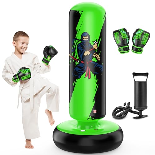 QPAU Punching Bag for Kids, 66 Inch Stable Inflatable Boxing Bag with Boxing Gloves, Stand Kids Punching Bag Toy for Boys & Girls Age 5-12, Boxing Set for Practicing Karate, Taekwondo, MMA