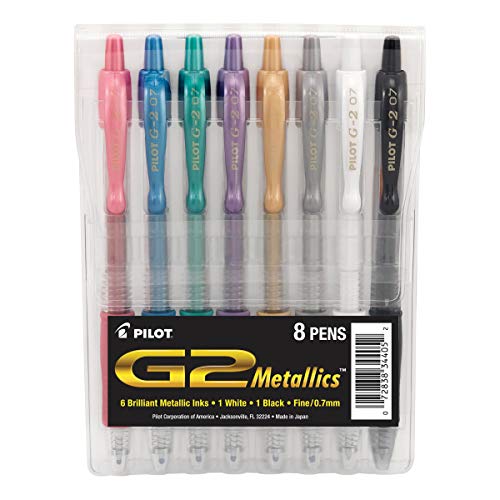 Pilot, G2 Metallics Gel Roller Pens, Fine Point 0.7 mm, Assorted Colors, Pack of 8