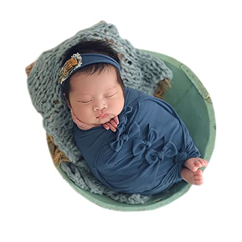 Vemonllas Newborn Baby Boy Girl Photography Props Bow Wrap, Posing Aid, Hat and Headdress Set of 5 Pcs (Navy)