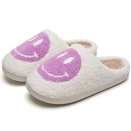 kissxiaoya Smile Face Slippers for Women Men, Retro Soft Plush Lightweight Smile Face House Slippers, Indoor Outdoor Cozy Trendy Slip-On Slipper(White-purple Smile, 7.5-8.5 Women/7-8 Men)