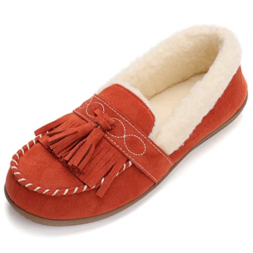 Zizor Moccasins Slippers Women, Vintage House Shoes, Indoor Outdoor, Memory Foam, Ladies Tassel Loafers, Warm Moc Pantuflas with Rubber Sole, Winter Gifts (Orange Red, Size 11)