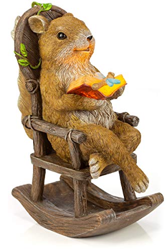 VP Home Squirrel Reading and Relaxing on Rocking Chair Solar Powered LED Outdoor Decor Garden Light Garden Figurines Outdoor Squirrel Gifts Garden Decorations Outdoor with Squirrel Statue