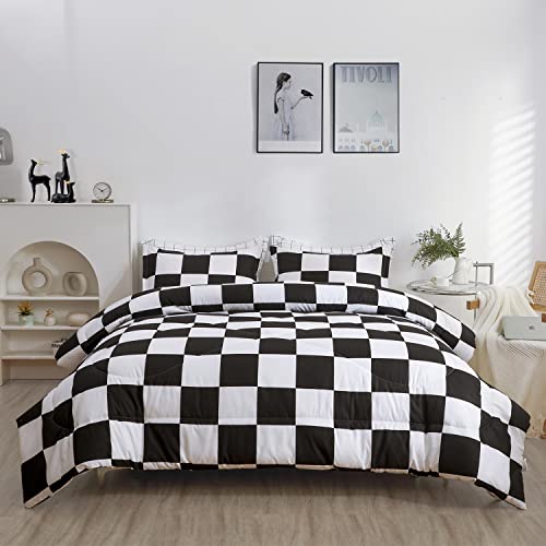 LUCKYBULL Comforter Set Twin Bedding Set Fluffy Black Plaid Down Alternative Comforter, Checkered Soft Textured Comforter with 1 Pillowcase All Seasons, Black and White 2 Piece