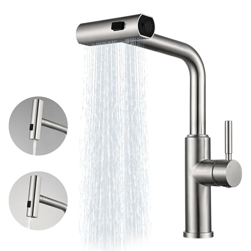 Hiqufet Waterfall Kitchen Faucets, 3 Modes(Sweep/Stream/Waterfall) Kitchen Faucet with Pull Down Sprayer, Stainless Steel Kitchen Sink Faucet 360° Swivel Brushed Nickel Single Lever Handle