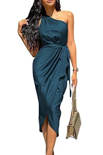 PRETTYGARDEN Women's 2023 Summer Ruched Bodycon Dress Sleeveless One Shoulder Wrap Satin Belted Cocktail Midi Dress(Dark Blue,Large)