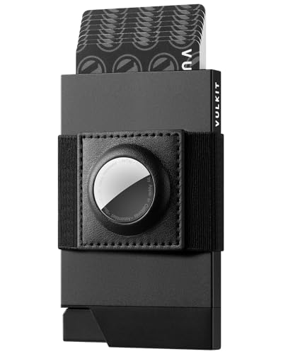 VULKIT Minimalist Wallet With AirTag Holder, Slim Metal Pop Up Card Holder with Money Band and RFID Blocking, Holds 12 Cards and Cash for Men and Women, Black