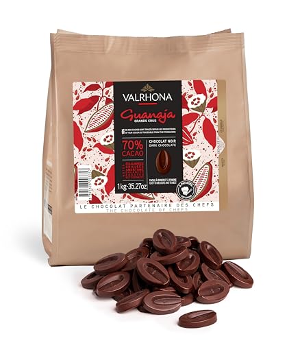 Valrhona Premium French Baking Dark Chocolate Discs (Feves). Classic GUANAJA 70% Cacao. Easy Melt. Easy to chop. Intense & Smooth with Bitter Notes. Sauces, Cakes, Mousses, Frostings 1kg (Pack of 1)
