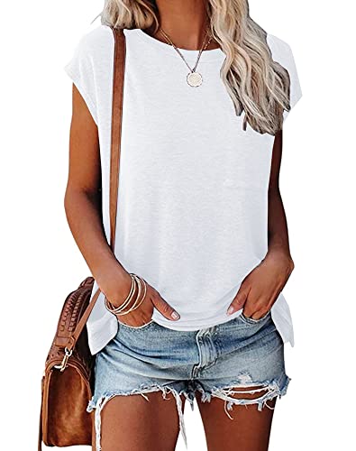 Smile Fish Womens Summer Short Cap Sleeve Shirts Solid Loose Fit Pocket Tunic Tops Cotton White,M