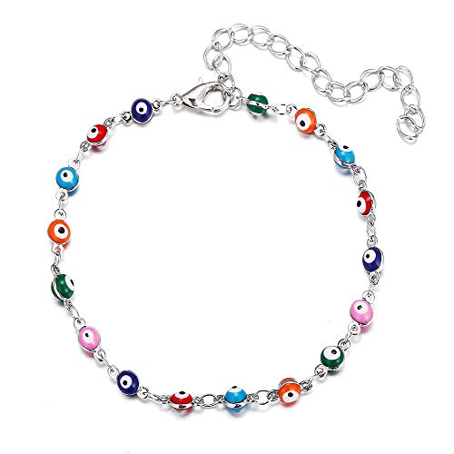 QIAN0813 Turkish Blue Evil Eye Bracelet Anklets for Women Handmade Colorful Beads Ethnic Foot Chain Jewelry (Silver)
