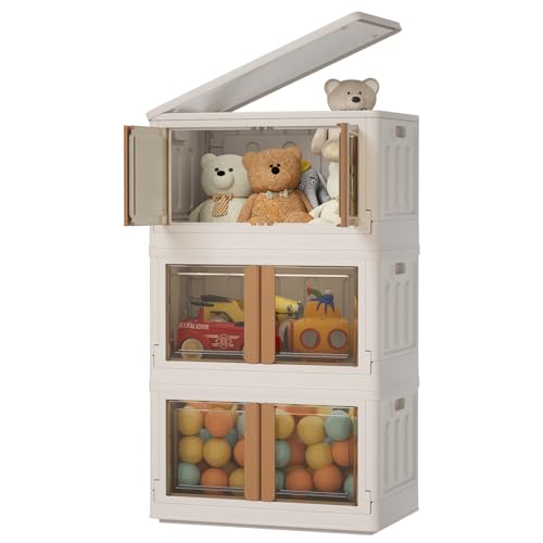 Stackable Storage Bins with Lid, 47.5Qt Closet Organizers and Storage, Collapsible Storage Bins with Wheel, Plastic Drawer Storage, Trunk Car Organizer for Home, Office, Dorm Room Essentials (3 Pack)