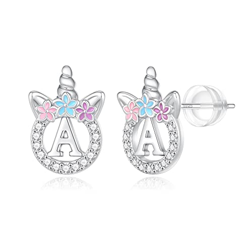 Unicorns Gifts for Girls, Sterling Silver Post CZ Unicorn Stud Earrings Letter A Initial Stud Earrings Kids Earrings Unicorn Earrings for Little Girls Kids Jewelry for Girls Little Girls Jewelry