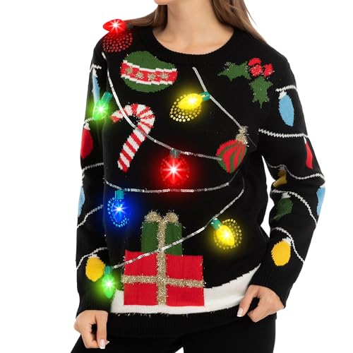 JOYIN Womens LED Light Up String Light Ugly Christmas Sweater Built-in Light Bulbs (Medium, Black)