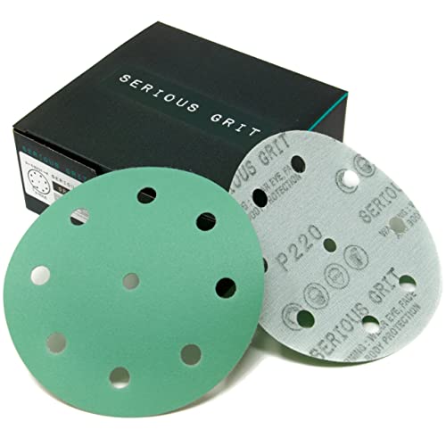 Serious Grit - 5-Inch 9-Hole 220 Grit Sanding Discs - Heavy-Duty Hook & Loop Film Discs - Sandpaper for Random Orbital Sanders - 50 Pack Box