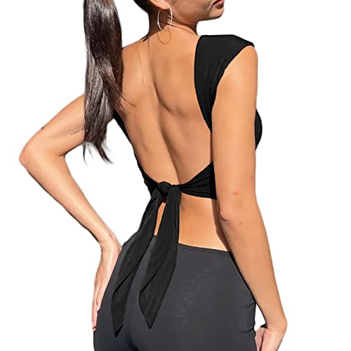 Women’s Open Back Crop Tops Sexy Backless Crewneck Short Sleeve Crop Tee Shirts Solid Slim Fit Y2K Club Party Cami Tank Tops (as1, Alpha, m, Regular, Regular, Black)