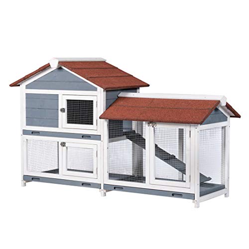 Good Life Two Floors 62' Wooden Outdoor Indoor Roof Waterproof Bunny Hutch Rabbit Cage Guinea Pig Coop PET House for Small to Medium Animals with Stairs and Cleaning Tray PET537