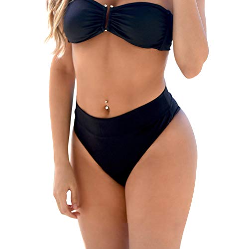 Womens Vintage High Waisted Bikini Bottoms Brazilian Ruched High Cut Tankini Briefs(Black,XL)