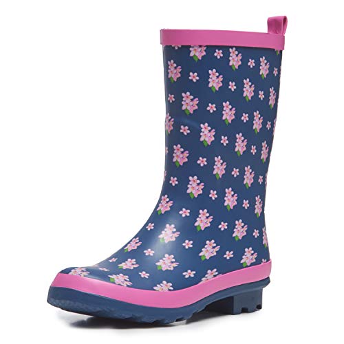 Laura Ashley Ladies High Cut Mid Calf Rubber Rain Boots, Lightweight Waterproof Booties for Women, Navy & Pink Floral, 1' Heels - Size 9