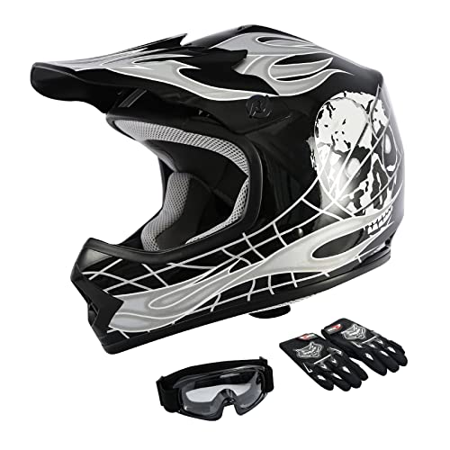 TCMT Dot Youth & Kids Motocross Offroad Street Helmet Black Skull Motorcycle Youth Helmet Dirt Bike Motocross ATV Helmet+Goggles+Gloves L