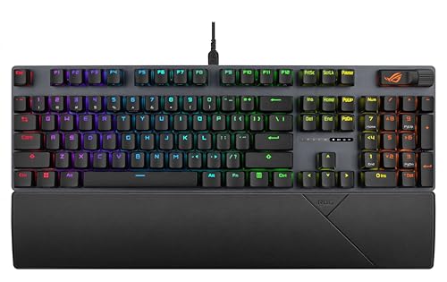 ASUS ROG Strix Scope II Gaming Keyboard, pre-lubed ROG NX Snow Linear Mechanical switches, Sound-dampening Foam, PBT doubleshot keycaps, Streaming hotkeys, Multi-Function Controls, Wrist Rest