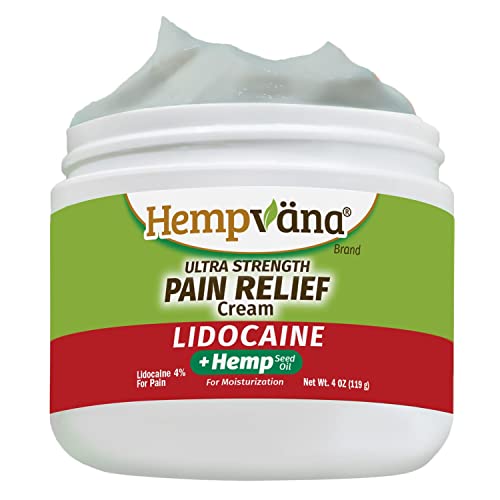 Hempvana Cream, Ultra Strength Lidocaine Relief of Sore Muscles, Achy Knees, and More. Odor-Free & Enriched with Hemp Seed Oil, 4-oz jar, White