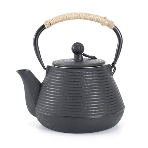 MILVBUSISS Cast Iron Teapot, 20oz Tea Kettle Stovetop Safe with Infuser for Loose Leaf, Japanese Tea Pot Coated with Enameled Interior, 600ml Black Small