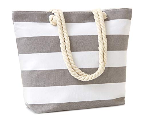 Leisureland Canvas Tote Beach Bag, Rope Handle Water Resistant Shoulder Bag (Stripe Grey)