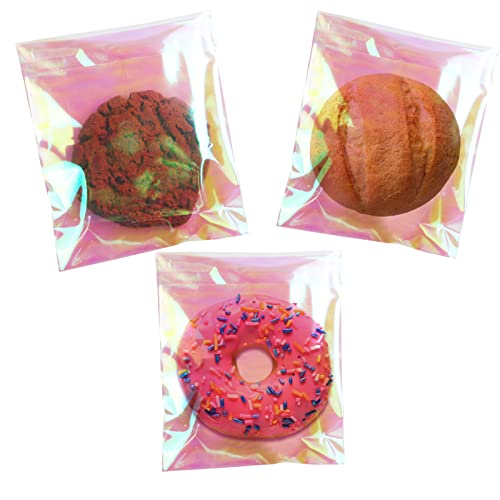 Cookie Bags for Packaging 100Pcs Holographic Cellophane Treat Bags 5X6 In Pink Individual Cookie Bags for Gift Giving Clear Plastic Gift Bags Self Adhesive for Valentine's Favors Baked Cookie Wrappers