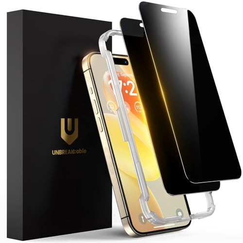 UNBREAKcable Privacy Screen Protector for iPhone 15 Pro Max, Shatterproof Tempered Glass [True 28°Anti Spy] [9H Hardness] [Easy Installation Frame] Private Protector for iPhone 15 Pro Max 6.7'-2 Pack