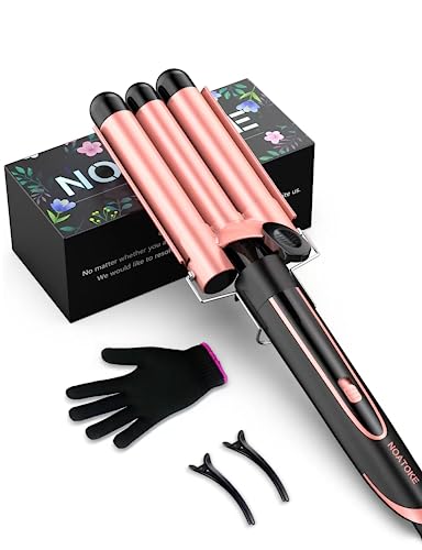 NOATOKE Curling Iron, Hair Waver Hair Crimper with PTC Fast Heating Hairstyler Curler Crimper with Dual Adjustable Temps Dual Voltage Auto Shut-Off and Anti-Scald Tip (3 Barrel, Rose Gold)