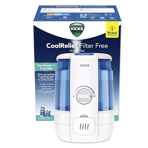 Vicks Filter-Free CoolRelief Cool Mist Ultrasonic Humidifier, Medium Room, 1.2 Gallon Tank – Visible, Medicated for Baby, Kids and Adults, Works With Vicks VapoPads and VapoSteam