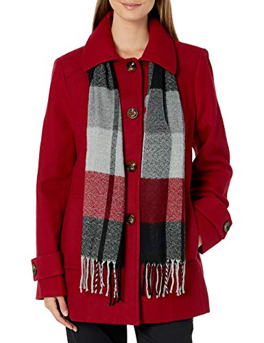 London Fog Women's Single-Breasted Wool Blend Coat with Scarf, Red, SM