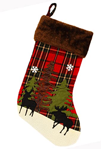 20 inch Moose Christmas Stockings, Single Black Deer Reindeer Buffalo Plaid Cute Rustic Farmhouse Xmas Stocking with Snowflake for Baby Child Children Kids Girl Boy Christmas Décor (Black Moose)