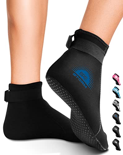 BPS 'Storm Sock' Neoprene 3mm Water Socks - with Anti-Slip Sole - Wetsuit Booties for Scuba Diving, Swimming, Water Sports, Surfing - Low Cut (Black/Snorkel Blue Accent, M)