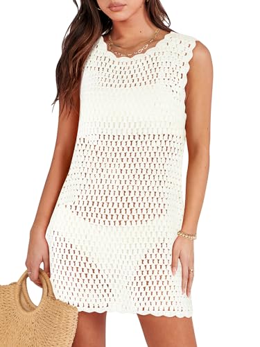ANRABESS Womens Swimsuit Cover Up Sleeveless Knit 2024 Summer Outfits Swimwear Bathing Suit Coverup Crochet Beach Dress1105baise-S White