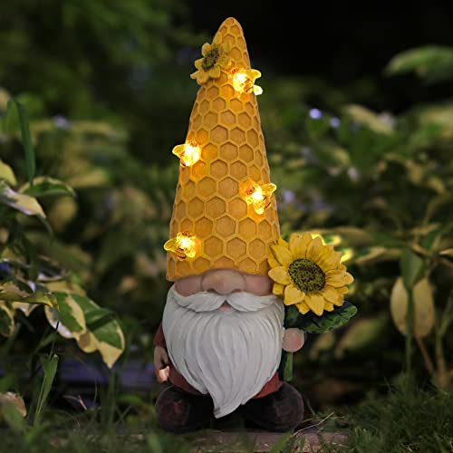 REYISO 12.3''Spring Gnomes Garden Statues for Garden Decor with Mom Gifts,Garden Gnomes Outdoor Decor with Solar Bee Lights- Sunflower Gifts for Women Mom,Yard Art Sculptures for Patio Lawn Yard