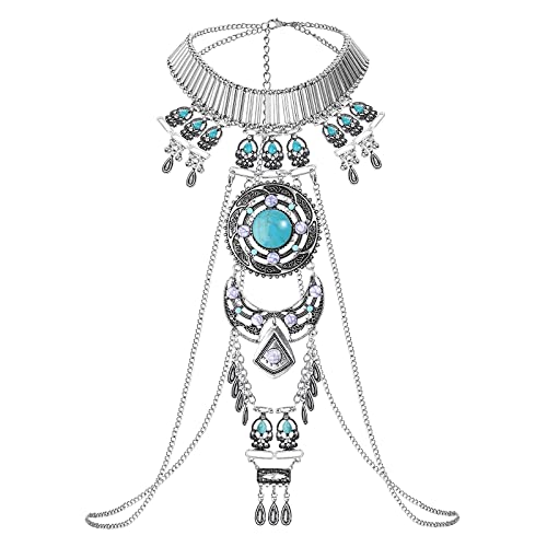 Boho Statement Turquoise Necklace Crossover Harness Bikini Waist Belly Sexy Body Chains for Women (Silver)