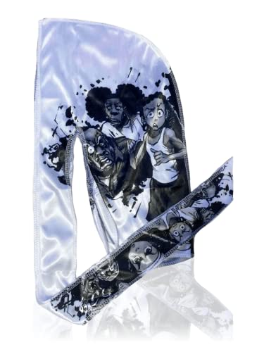 Art Silky Anime Durag with Long Wide Tails and Quadruple Stitching - White Huey Smooth Satin Fabric Du Rag for Comfort Compression