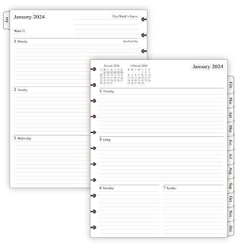 2024 Weekly Discbound Planner Refills with Monthly Tabs, 11-Disc Punches, Letter Size, 8-1/2' x 11'