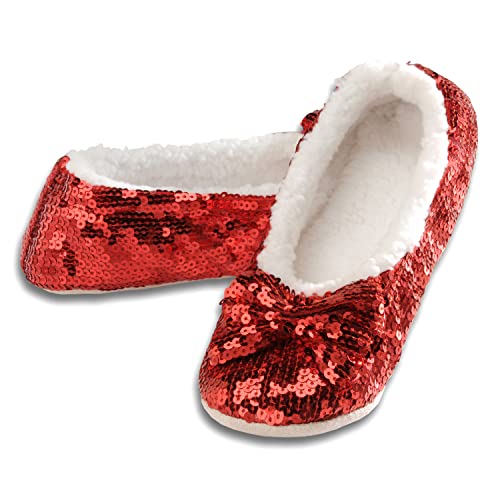Snoozies Ballerina Bling Metallic Shine Women Slippers | Sequin House Slippers for Women | Slipper Socks with Grippers for Women | Cute Slippers for Women | Red | Medium